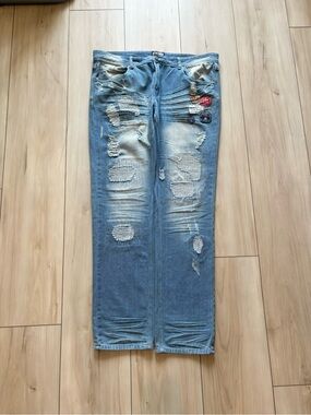 Gray Earth Y2K Light  Blue Distressed Straight Leg Men's Embroidered Denim Jeans